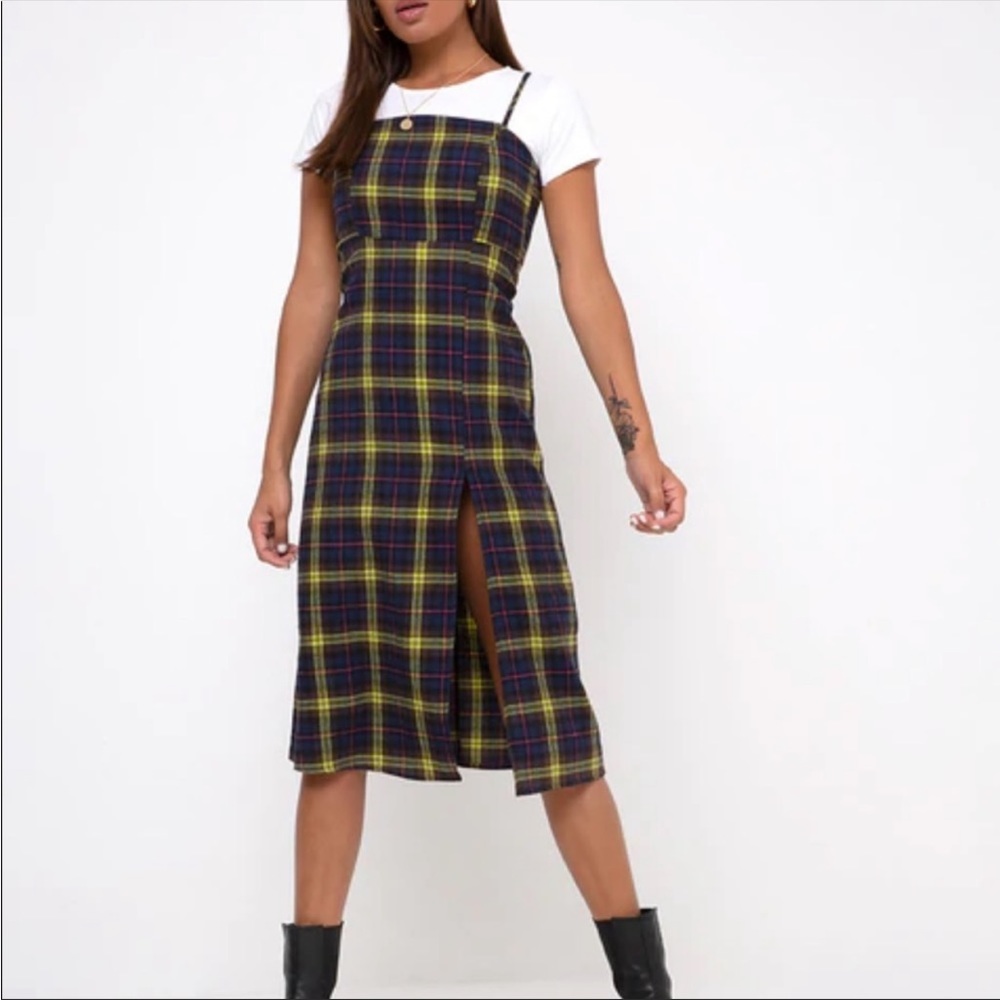 Motel Rocks Kaoya Dress Brown Yellow Check Size Large